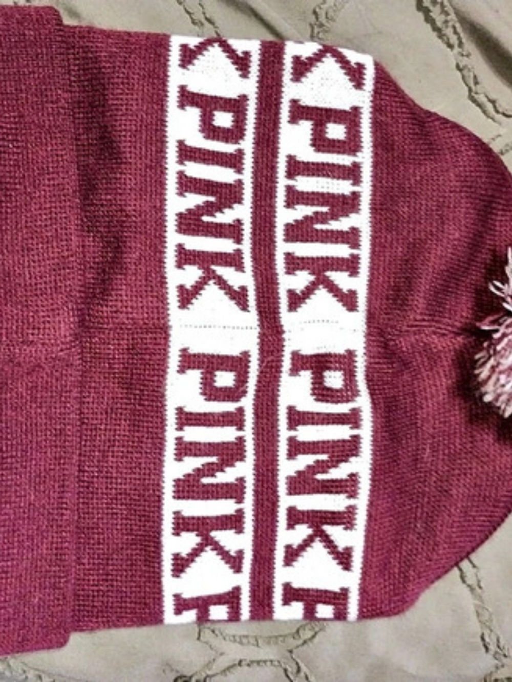 PINK Victoria's Secret PINK Logo Pom Beanie Maroon & White